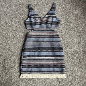 Venus Multi Color Tweed Cut Out Mini Dress With Fringe Hem, Size 6